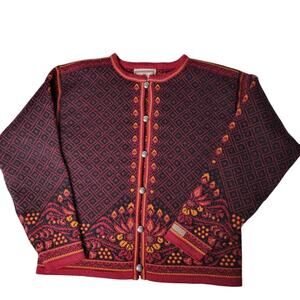 VTG Dale of Norway Wool Cardigan Sweater Medium Red Black Nordic Knit Heritage